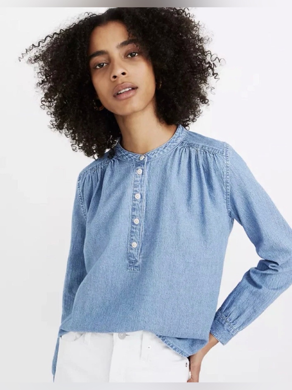 Madewell‎ Denim Shirred Popover Top in Emmie Wash Chambray Cotton SZ L